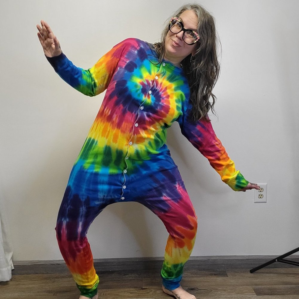 Vtg 90s SUNDOG Psychedelic Rainbow Swirl Tie Dye Union Suit Unisex XL - EUC - Picture 4 of 12